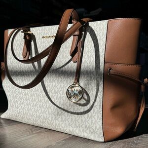 Michael Kors tote bag in the brand's signature canvas with tan leather trim